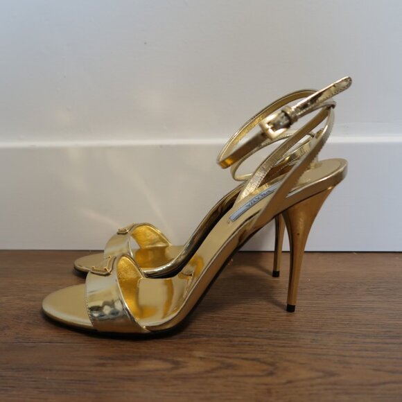 PRADA SHOES - Metallic Gold Leather Heels Sandals (38.5) - Worn Once - Picture 2 of 5